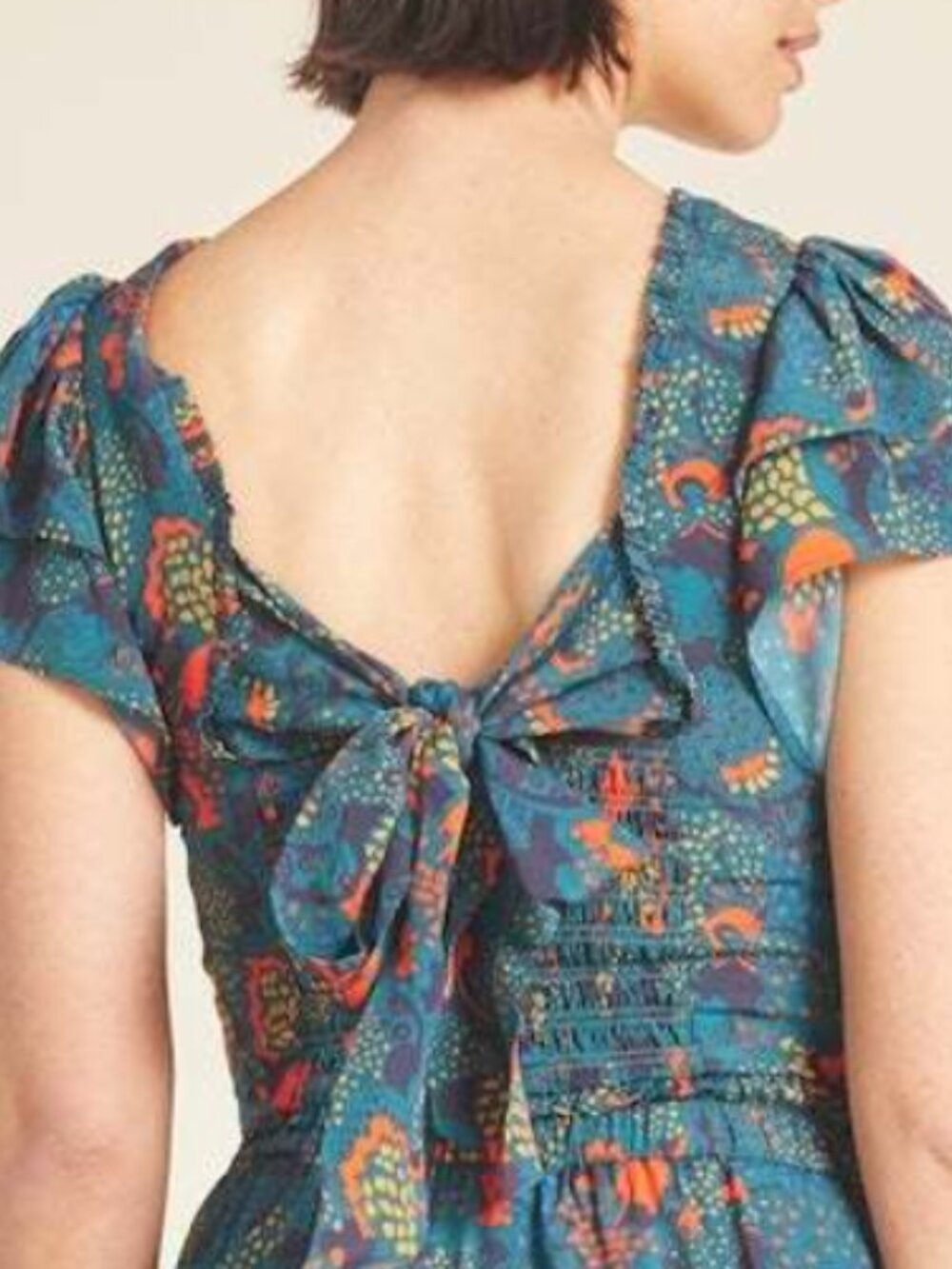 Trovata: Smocked Puff Sleeve Crop Top in Dark Teal with Coral Print - Picture 6 of 6